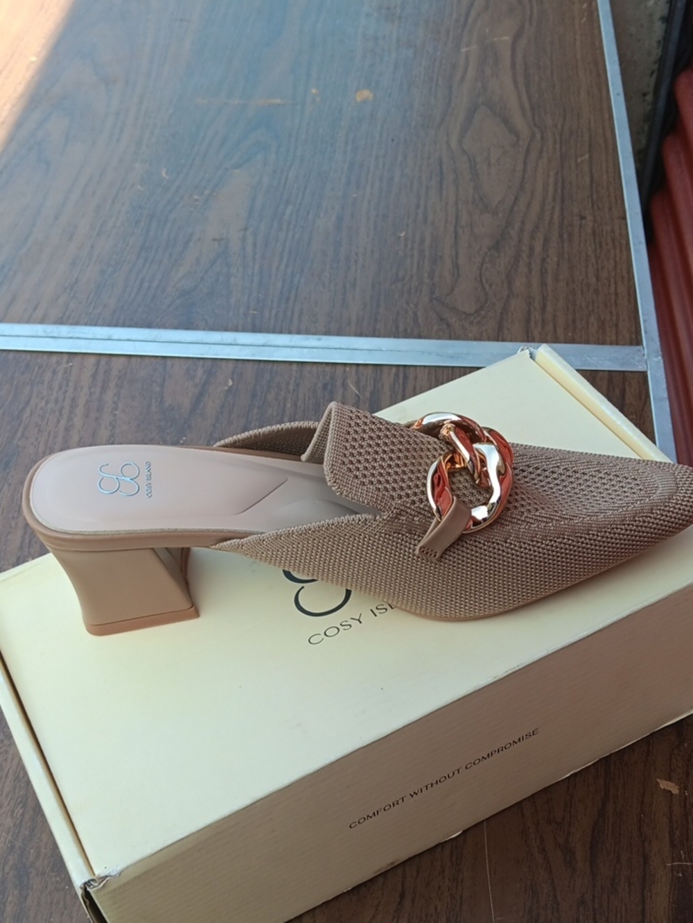 Taupe Knit Chain-Trim Mule Heels